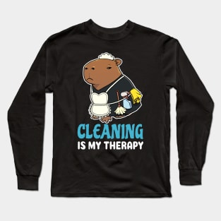 Cleaning is my therapy cartoon Capybara Long Sleeve T-Shirt